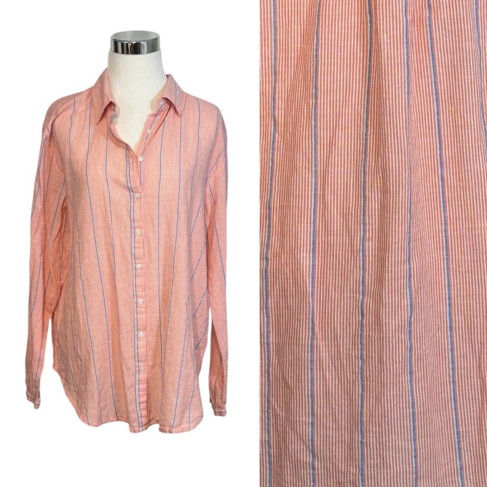 Lilla P (L) 100% Cotton Orange Blue Randall Stripe Button-Up Long Sleeve Shirt